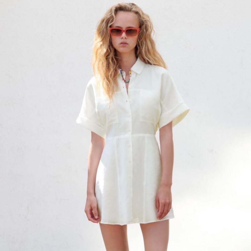 Zara Elegant White Button-Up Mini Linen Dress